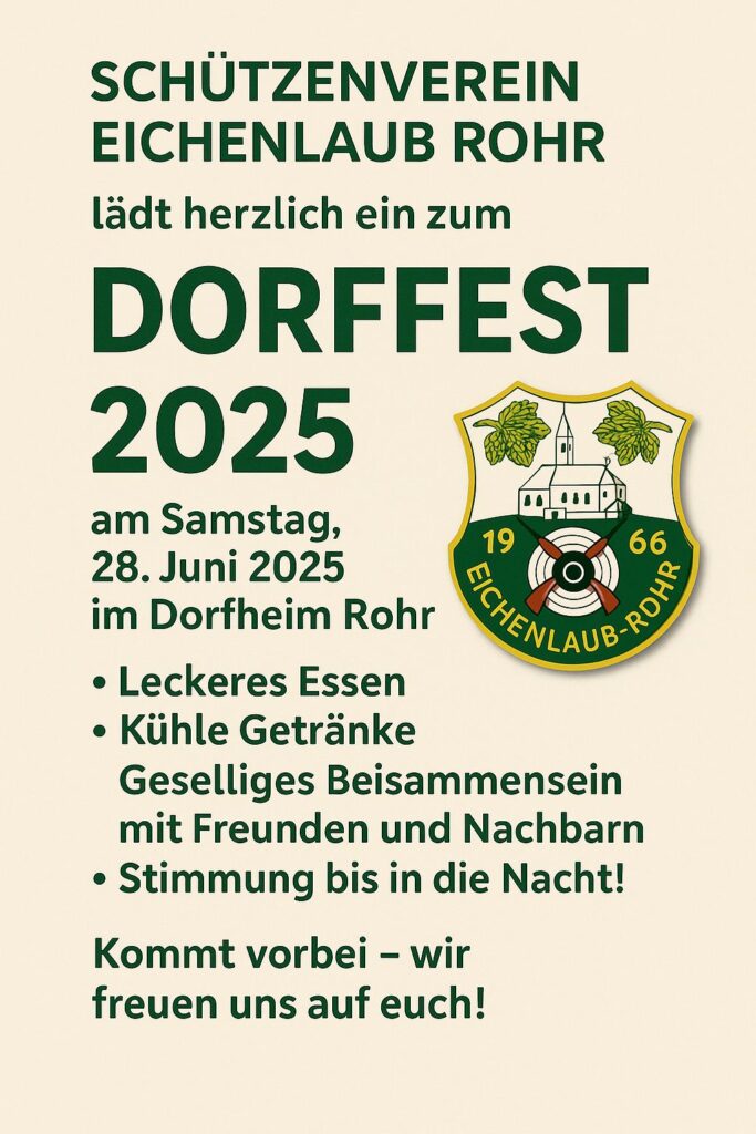 Dorffest in Rohr am alten FFW Haus am 28.06.2025 ab 17.00 Uhr